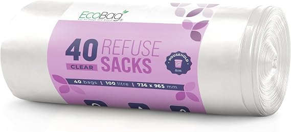 EcoBag - 40 Pack Heavy Duty White Bin Liners - 22 Microns - Extra Strong, Leak-Proof, Tear-Resistant Bags for Kitchen, Home & Office (736x965mm) (100L)