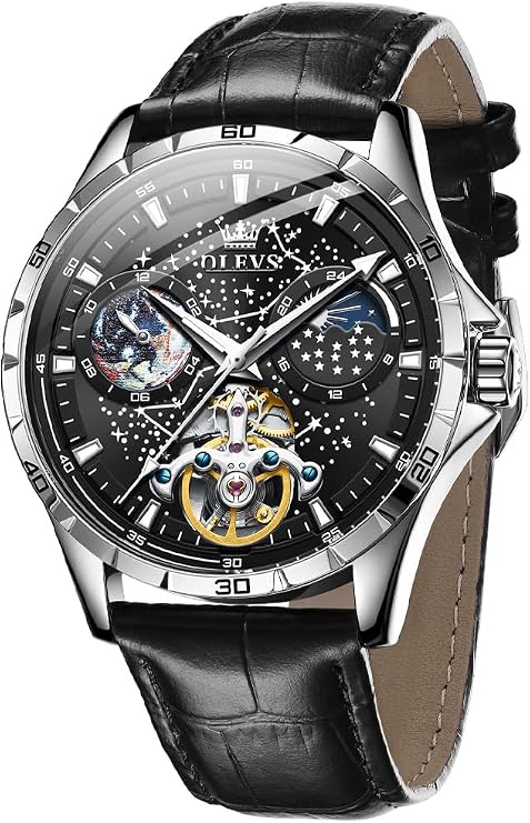 OLEVS Men's Leather Watch Automatic Mechanical Skeleton Tourbillon Diamond Luxury Automatic Dress Watch Moon Phase Waterproof Luminous, 6689: Black Strap & Black Dial, Luxury