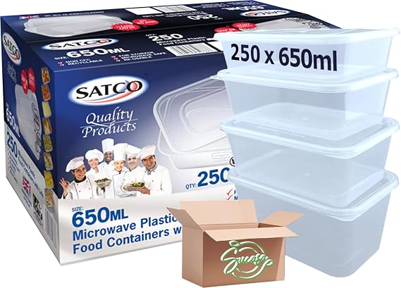 Sucasa Plastic Food Takeaway Heavy Duty Satco Plastic Satco Containers with Lids 250x650ml | Durable Microwavable | Heavy Duty | Takeaway | Reusable & Disposable