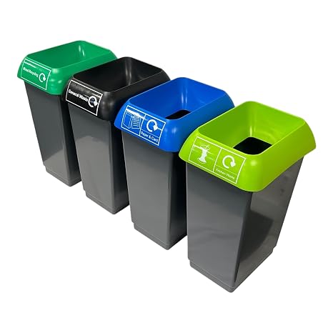 Chabrias Ltd Recycling Station 4 Set 50 Litre For Simpler Recycling – UK Made 100% Recycled Plastic Colour Coded 4 Waste Streams for Non-recyclable, Food Waste, Paper, Plastic, Metal & Glass
