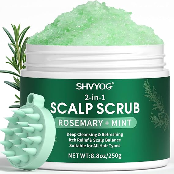 SHVYOG Scalp Scrub, Rosemary Exfoliator Scrub with Peppermint & Sea Salt, Anti-Dandruff Detox Clarifying Exfoliator Shampoo with Scalp Massager for Deep Scalp Cleansing