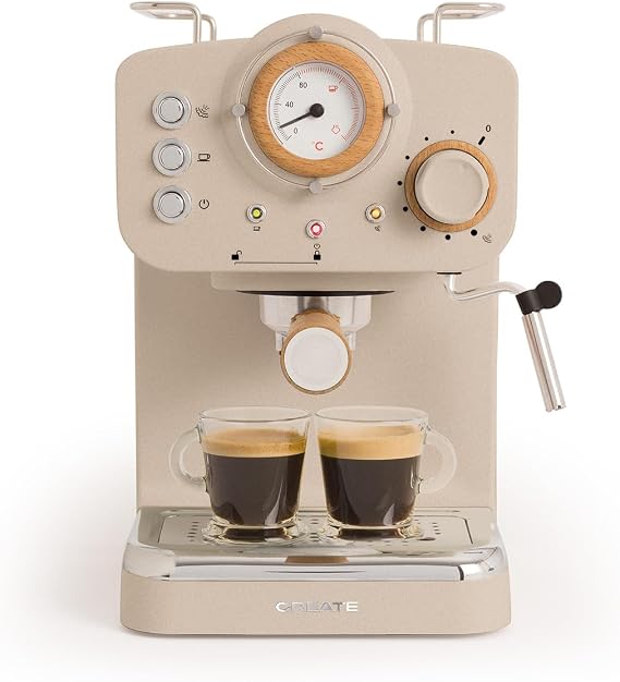 CREATE Thera Retro Semi-Automatic Espresso Machine Sand Matt and Wood 20 Bar Pressure Pump 1100 W 1.25 L Water Container for Ground Coffee 55 mm ESE Pads with Steamer 1100 W