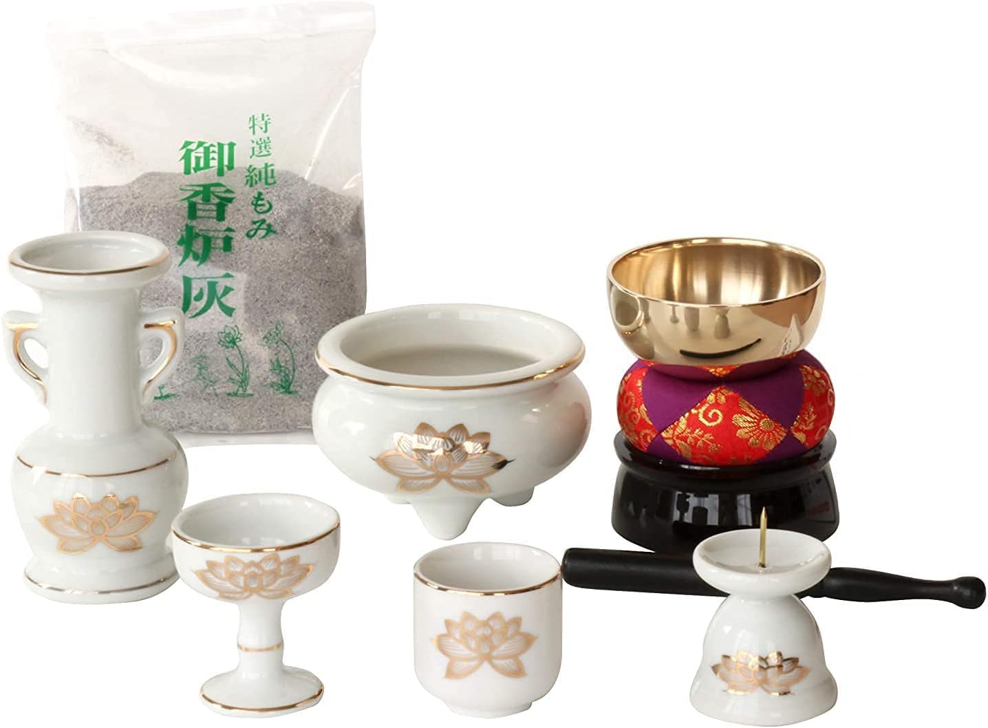 Buddhist Altar Set White Golden Lotus Ceramic 5-Piece  Singing Bowl Set with Incense Ash for Modern Mini Buddhist Altar, White Porcelain