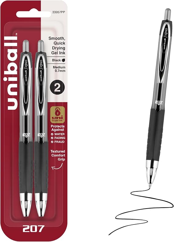 uni-ball 207 Retractable Gel Pens, Medium Point (0.7mm), Black, 2 Count