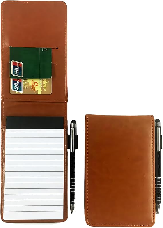 small notebooks pocket size, a7 notebook Portable Mini Leather Notepad Memo Book with Pen, pocket notebook for Work Restaurants Offices Schools(brown)
