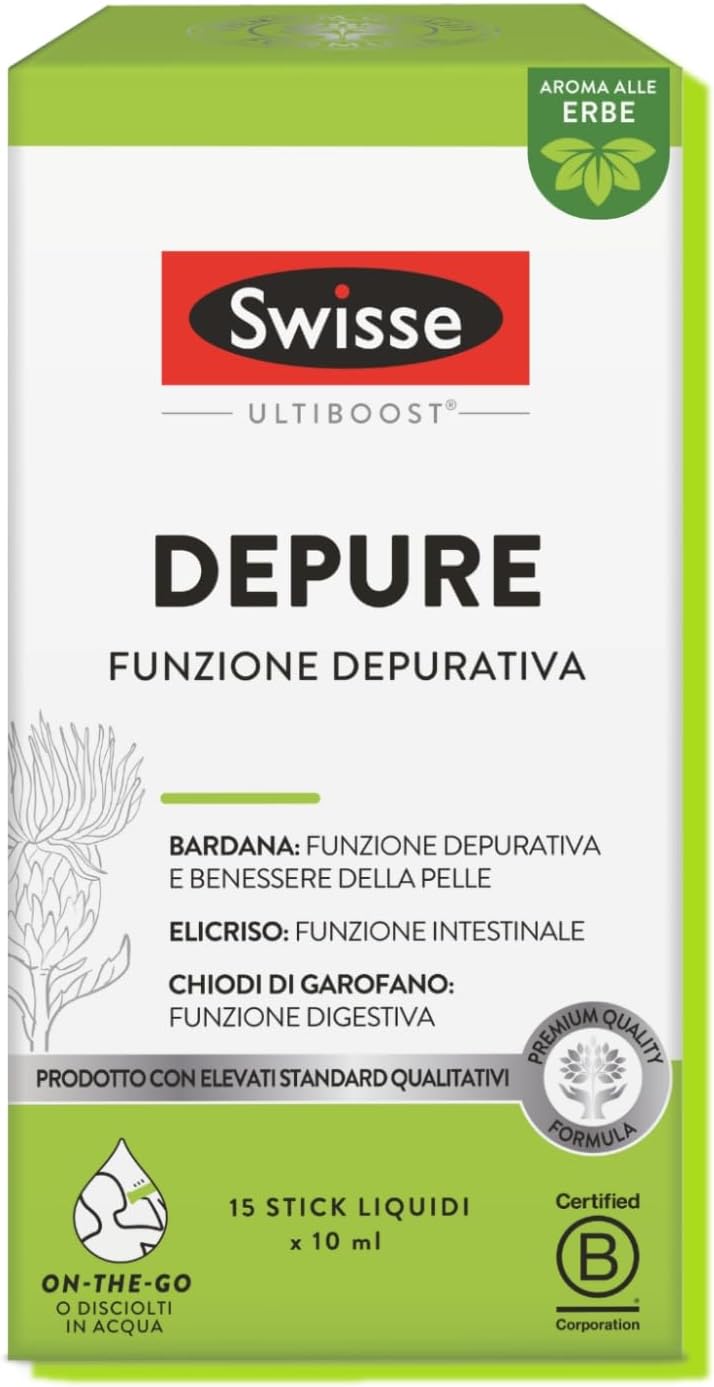 Swisse Ultiboost Depure Purifying Supplement for Intestinal Regularity and Digestion, Ready to Use Liquid Sticks, with Burdock, Helichrysium, Cloves, Herbal Flavour, 15 x 10 ml