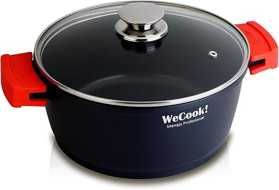 WECOOK! Ecostone Cazuela Alta Inducción con Tapa de Cristal 16cm, Antiadherente XTRA DUPON Ecológico sin PFOA, Aluminio Fundido, 5mm Espesor, 9cm Alto, Asas de Silicona, Vitrocerámica, Gas