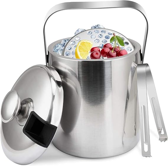 Ice Bucket with Lid, Double Wall Insulated Ice Bucket with Strainer and Ice Tong, Stainless Steel Silver, Perfect for BBQs, Parties, Bars, Clubs, Restaurants
