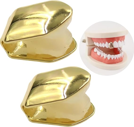 2pcs Solid Hip Hop Teeth Plain,Hip Hop Gold Single Tooth Cap,Hip Hop Teeth Grill Bling Slugs Decoration for Teeth Mouth,Single Top Fang Tooth Grills Cap,Party Accessories Teeth Grills (Golden)
