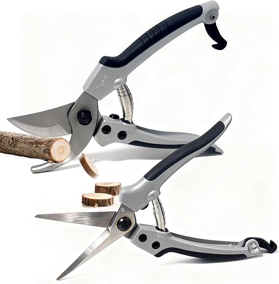 2 Pack Garden Secateurs, 8" Bypass Pruning Shears and Straight Garden Scissors, Bonsai Trimming Scissors, Safety Lock, Cast Aluminum with Rubber Surface Grips, for Trimming Plants, Picking Fruits