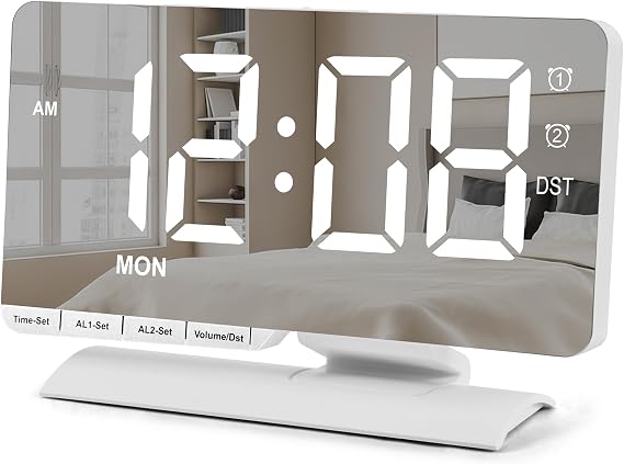 SZELAM Digital Clock,Alarm Clock Bedside,7.3'' Large LED Mirror with Date Display,Dual Alarm with 3 Mode,Brightnee Adjust,DST,Snooze Function,USB C Charging Port,5 Levels Volume for Desk Bedroom Teens