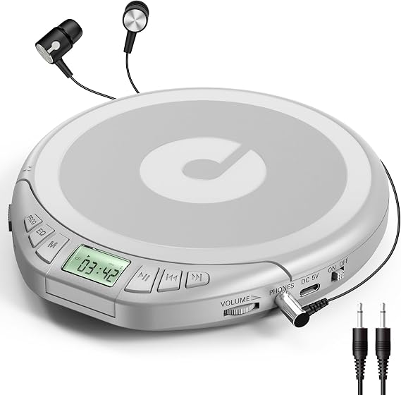 Gueray CD Player Portable Personal CD Players with Headphones LCD Display Anti-Skip Protection HiFi Classic CD Music Player Support PROG Memory Function CD Player for Car Home (Silver)