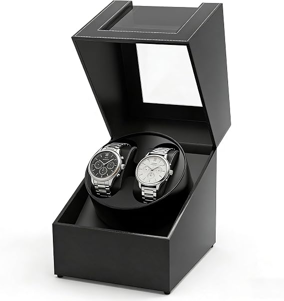 Latest Double Watch Winder Box, Mute Japanese Motor, Dual Automatic Watches Winder Rotation Storage Display Box for Automatic Mechanical Watches-Black