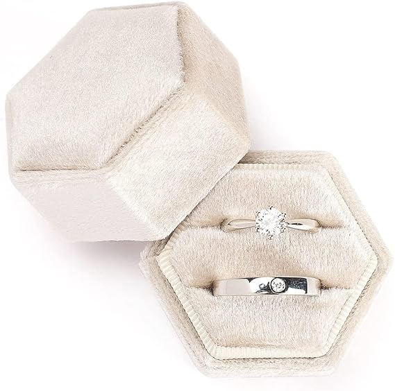 Etercycle Velvet Jewelry Ring Box, Hexagon Premium Gorgeous Vintage Double Ring Gift Box with Detachable Lid for Proposal Engagement Wedding Ceremony (Beige)