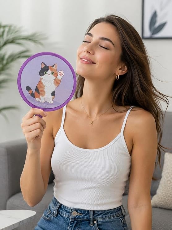 Katlanabilir Mini Çantalı Kedi Desenli Cep Yelpazesi – Taşınabilir Kumaş El Yelpazesi Mor