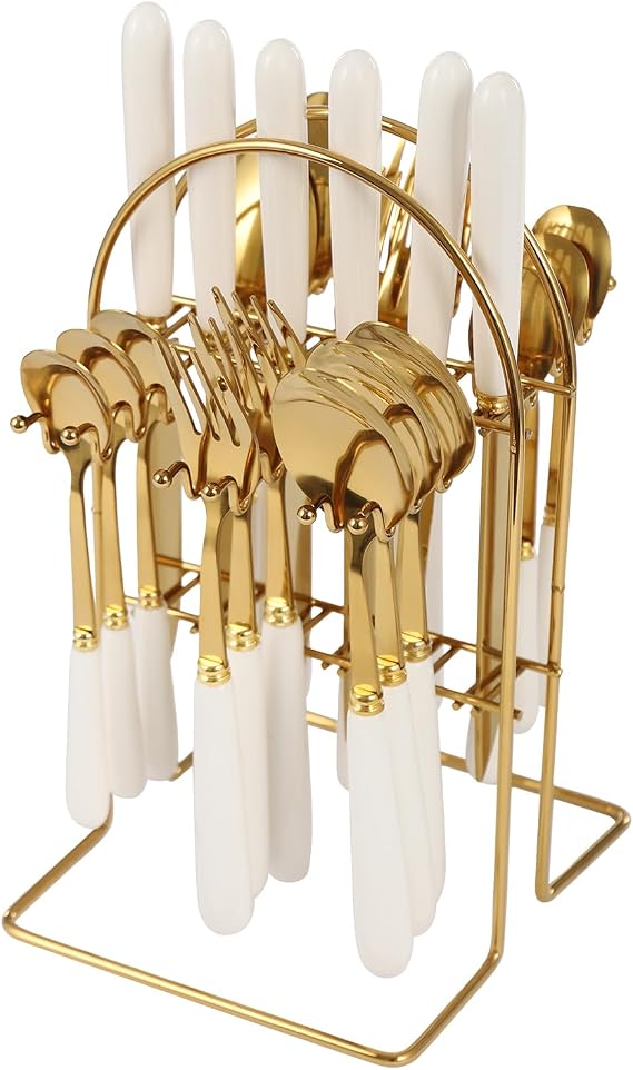 24 Pcs Cutlery Set, Stainless Steel Cutlery Set with Storage Stand, Utensil Set Service for 6 People, Ceramic Handle, Mirror Polishing, for Kitchen Restaurants Hotels (Gold+White)