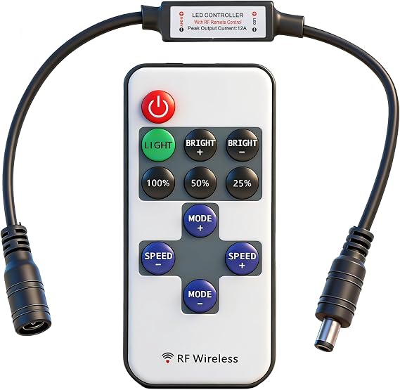 11 Key RF Wireless Remote Control for Single Colour LED Strips, Mini LED Strip Controller with 5.5mm x 2.1mm DC Jack, 5V to 24V LED Dimmer Remote, Universal RF LED Strip Light Controller