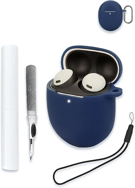 Google Pixel Buds Pro 2用ケース - アクティブノイズキャンセリング付きワイヤレスイヤホン ソフトシリコン 保護 ポータブル 傷防止 耐衝撃シェル クリーナーキット&カラビナ&ストラップ付き、ブルー