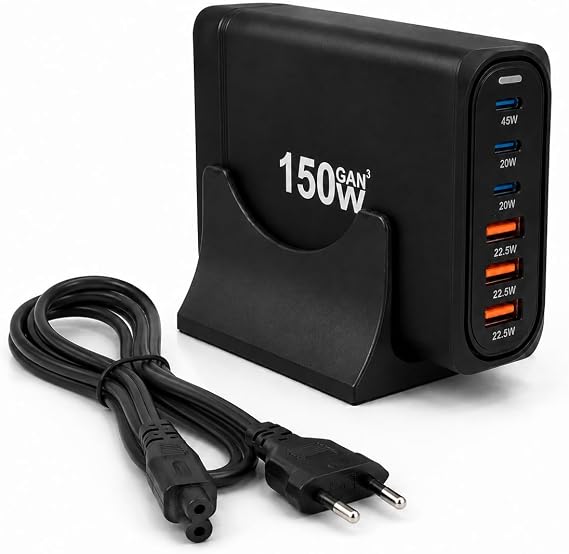 Orret Home 150W GaN Hızlı Şarj İstasyonu, 6 Portlu Masaüstü Şarj Aleti, 3 USB-C Type-C ve 3 USB-A Girişli Çoklu Adaptör, Telefon Tablet Laptop İçin Akıllı Güç Dağıtımlı Şarj Cihazı