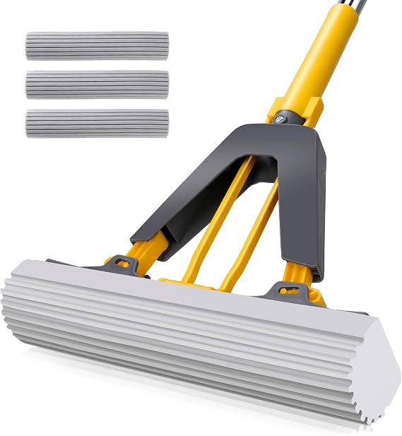 Masthome Self-Wringing Sponge Mop, Hands-Free Squeeze & 3 Replacement Pads