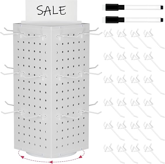 Rotating Pegboard Display Stand with 24 Hooks,Spinning Peg Board Displays,Tabletop Metal Pegboard Shelf for Craft Shows & Fairs, Retail Stores, Vendors Arts and Crafts (White)
