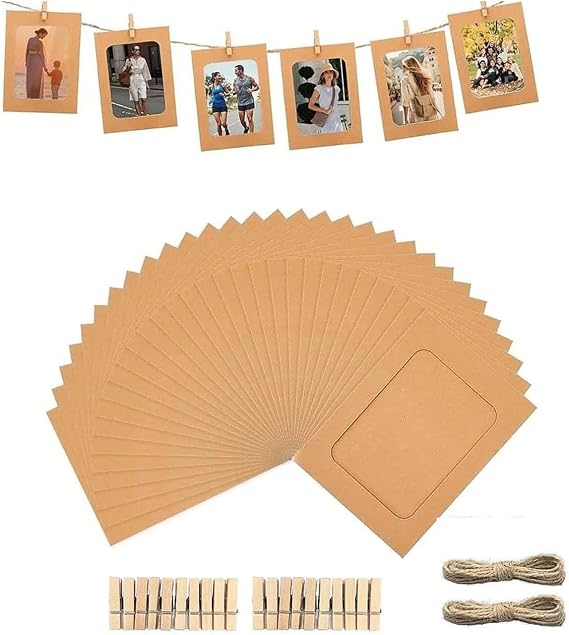 20Pcs Paper Photo Frames Set - 10x15 CM DIY Hanging Picture Frames with Wooden Clips & String, Creative Wall Decor for Home, Dorm, Office, Nursery, Gallery - Scrapbook, Polaroid