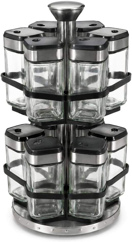 Deconox 12’li Döner Standlı Cam Baharatlık Seti, 100 ml Kare Baharat Kavanozları, 360 Derece Dönebilen 2 Katlı Paslanmaz Çelik Stand ve Kapak, 32 x 14 cm