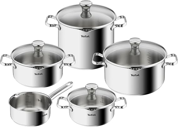 Tefal Duetto A705S9 Induction Saucepan Set 9-Piece Robust and High-Quality Stainless Steel Induction Pots Set with Strainer Lid Oven-Safe up to 260 °C (without Lid) Suitable for All Types of Cookers