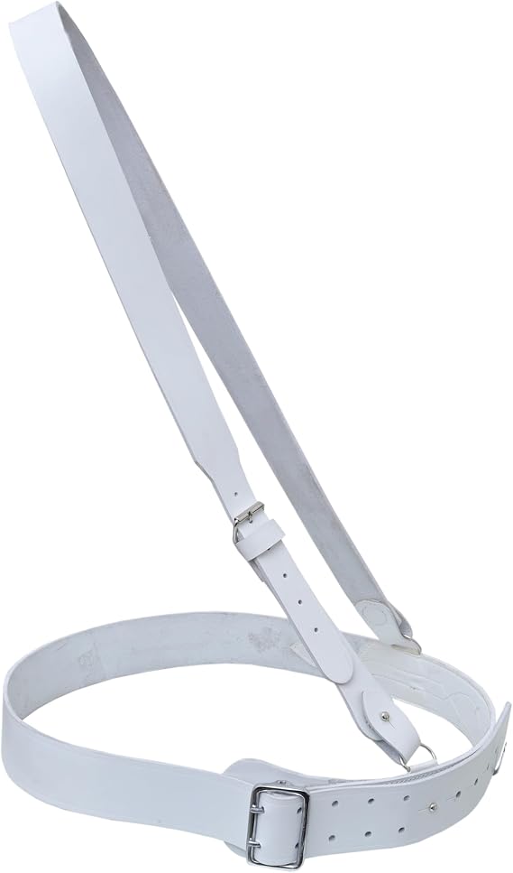 White Leather Sam Browne Military Belt, Adjustable Cross Belt with Silver Brass Buckle, Premium Ceremonial Uniform Belt and adjustable Shoulder Starp for Police, British Army, and Honour Guard