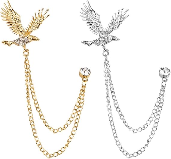 2 Packs Men's Eagle Brooch Lapel Pin Badge Hanging Chains Collar Brooches Pin for Career Suit Tuxedo of Shirts Tie Hat Scarf for Boyfriend Father Birthday Gold/Silver