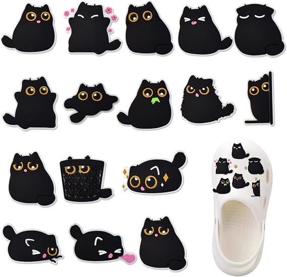 15Pcs Black Cat Series Shoe Charms, Waterproof Cartoon Shoe Buckle Decorations Accessories for Crocs, Cute Kitten Birthday Party Gifts for Teens, Boys, Girls