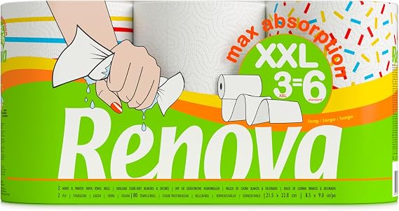 RENOVA MaxiAbsortion XXL Kitchen Rolls, 3 = 6 Rolls, Decorated Paper