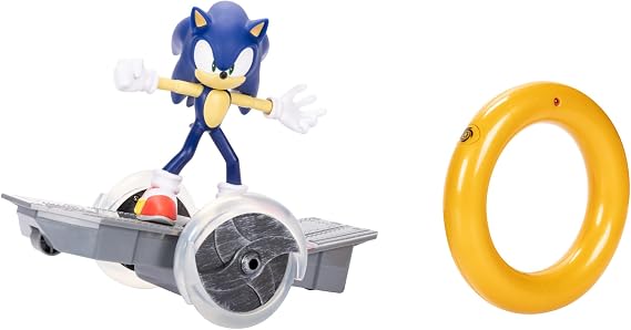 Sonic the Hedgehog Speed RC Vehicle, Includes 6” / 15cm Articulated Sonic Figure, RC Skateboard and Golden Ring Controller To Perform Tricks and Spins, Wheels Light Up With Turbo Mode