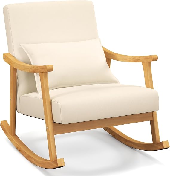 COSTWAY Wooden Rocking Chair Living Room Armchair Padded Lounge Chair with Armrests Backrest & Seat Cushion Modern Rocking Chair for Living Room Bedroom 78 x 66 x 83 cm (Beige)