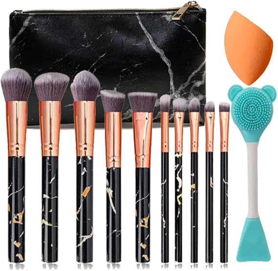 Marble Black Makeup Brushes, 12Pcs Make Up Brushes for Women Travel-Friendly Makeup Bag, Brushes & Sponges, Synthetic Eyeshadow Contour Make-up Gift for Teenage Girls Kids