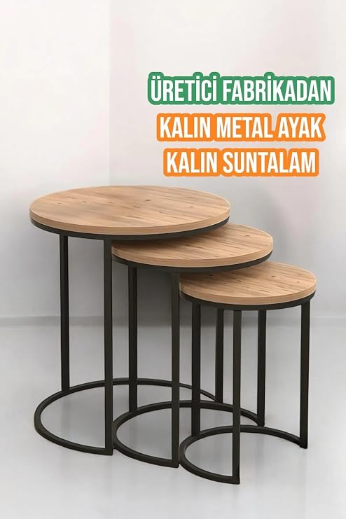 Reyo Falez 3'lü C Zigon Sehpa Metal Ayaklı C Zigon Sehpa Lüx Atlantik Çam - 70473
