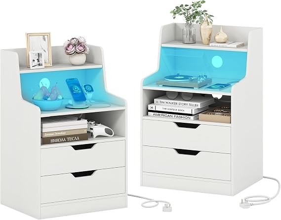 COSTWAY LED Bedside Table with Charging Station, Smart Nightstand End Sofa Side Table with RGB Light Color, 2 Drawers & Storage Shelves, Bedside Cabinet Chest for Living Room Bedroom (2, White)