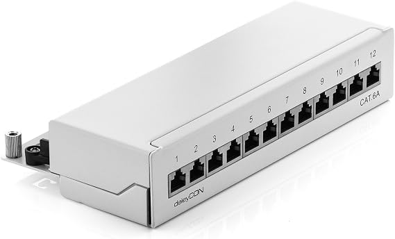 deleyCON CAT 6a Patch Panel Distribution Panel 12 Port RJ45 Light Grey