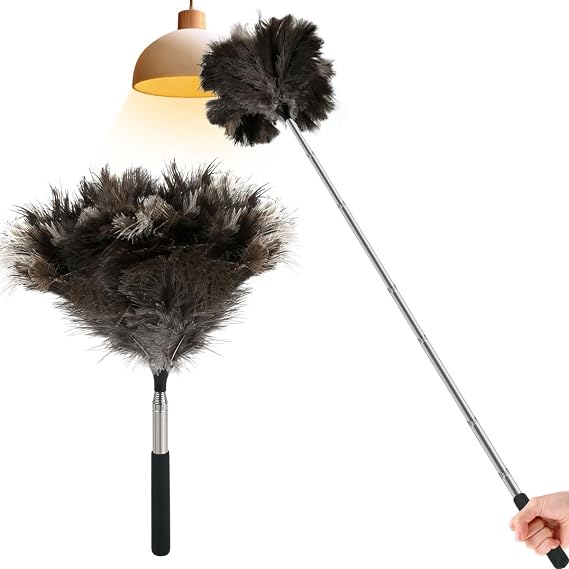 BAITNO Extendable Ostrich Feather Duster, 43-101cm Fluffy Natural Genuine Feathers Duster Long Handle, Ideal for Home Cleaning High Ceilings Doorways Lights Cupboards Car Office