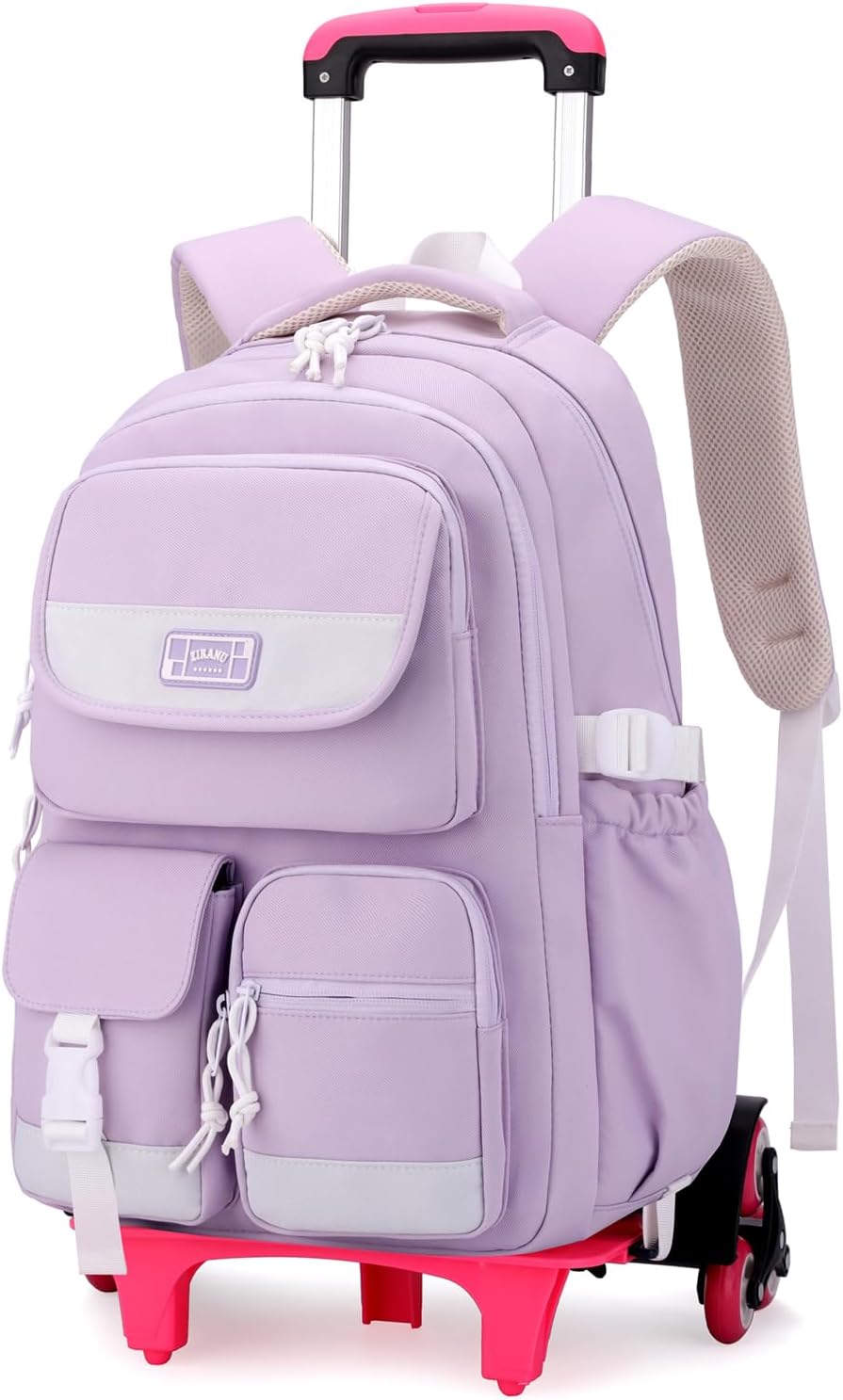 LANSHIYA Solid Color Girls Rolling Backpack with Wheels Schoolbag Elementary School Student Trolley Daypack