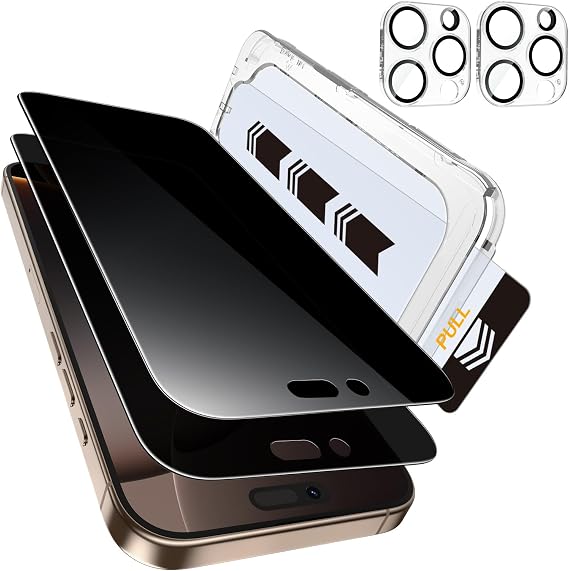 MOHAVE iPhone 16 Pro用プライバシースクリーンプロテクター 6.3インチ カメラレンズプロテクター付き 自動位置合わせ/ほこり除去 アンチスパイ強化ガラス ミリタリーグレードの飛散防止 フルカバー 2+2枚パック