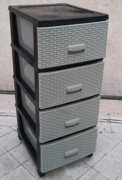 Büyük Boy 4 Çekmece Komidin Açık Gri Raddan Görünümlü Çekmeceli Hasır Dolap Erzak Çamaşır Rafları
