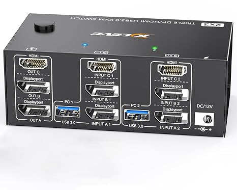 8K@60Hz 4K@144Hz KVM Switch 3 Monitors 2 Computers, HDMI + 2Displayport Triple Monitor KVM Switch 2 Computers Share 3 Monitors and 4 USB 3.0 Devices, Wired Remote and 2 USB3.0 Cables Included
