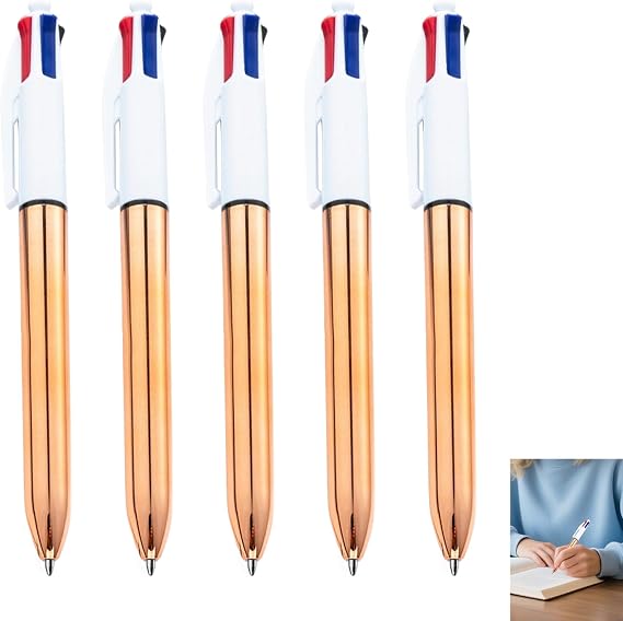 5 PCS 4 Colours Pens, Pens Multicolour Rose Gold Set, Retractable 1.0mm Ballpoint Pen in Green Blue, Red Black, Stylish All-In-One Multi-Color Writing, Refillable for Precision Writing and Smooth