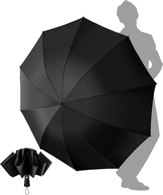 Travel Windproof Strong Compact Umbrella - 10 Ribs Black Portable Umbrella for Men and Women - Inverted Folding Automatic Umbrellas for Wind and Rain