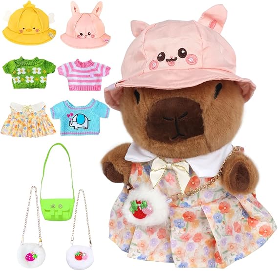 Capybara Plush with 10 PCS Clothes and Accessories, 25 cm Capybara Stuffed Animal, CapybaraPlush Soft Toy, Cute Capybaras Teddy, Dress Up CapybaraStuffed Animal Plush Toys Gift for Kids Boy Girl