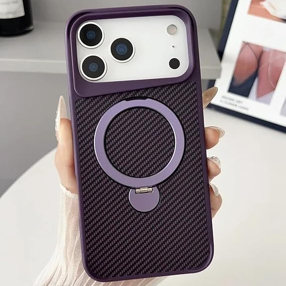 Coverzone iPhone 17 Pro Max ile uyumlu Kılıf Karbon Fiber Görünümlü Magsafe ile uyumlu Stand olabilen Carbon Case Tam Gövde Koruyucu Telefon Kılıfı Purple