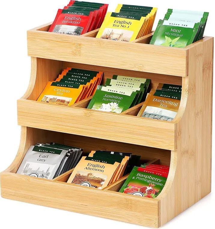 Bamboo Tea Bag Organiser | Holds up to 180 Tea Bag Holder | 3 Tier Vertical Tea Caddy | Wooden Tea Box Organiser for Home Office or Cafe | Teabag Storage for Tea Coffee Sugar Packets