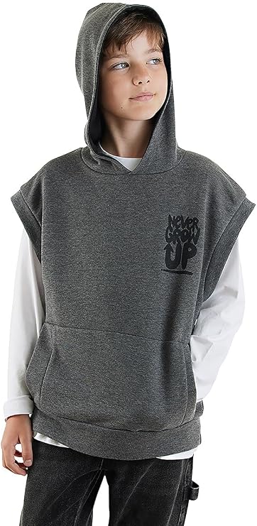 Erkek Çocuk Kapüşonlu Kolsuz Gri Sweatshirt