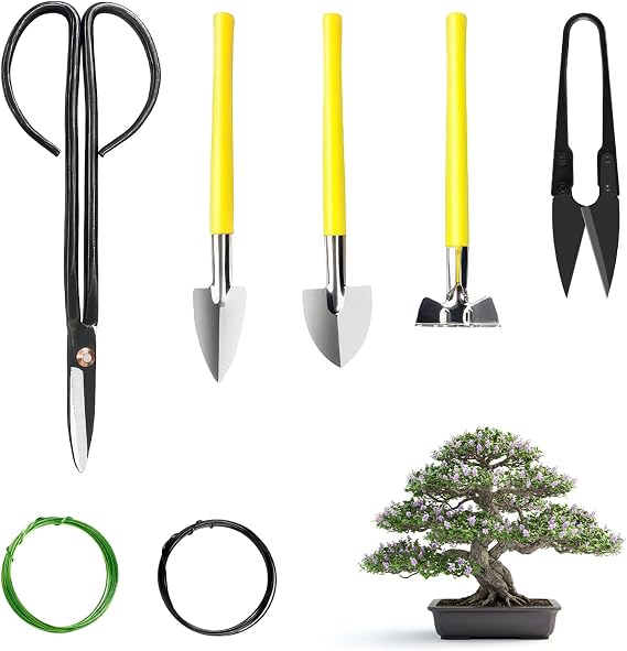 MOSFiATA Bonsai Kit, Bonsai Tools Includes Long Scissors, Leaf Cutter, Shovels, Rake, Bonsai Wire 10 m, 7 Pcs